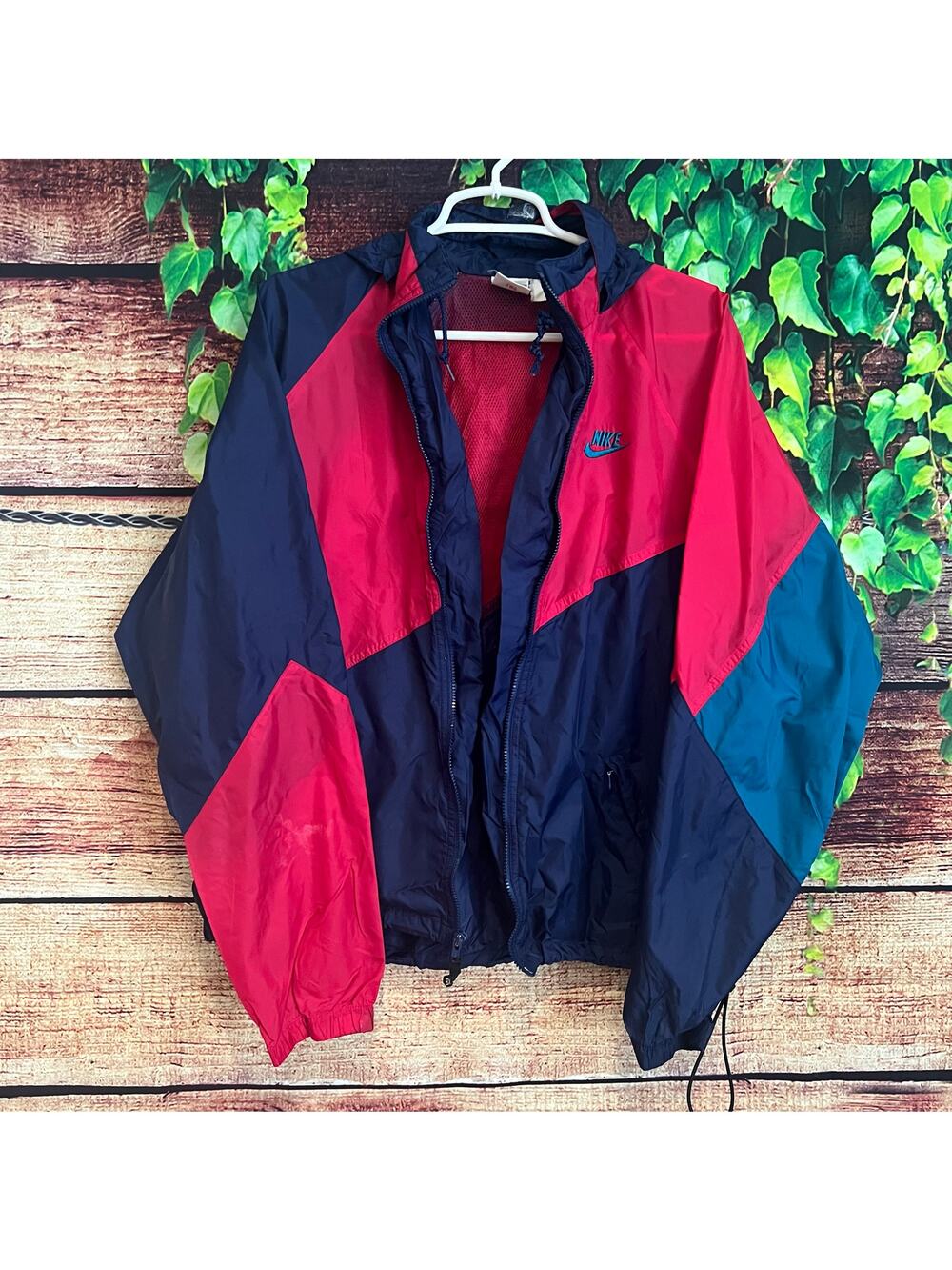 Vintage 1980s Nike Windbreaker Jacket Medium Fits XL 2XL Full Zip Packable Hood
